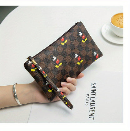 Disney Mickey Mouse Print Clutch Bag, Cartoon Genuine Leather Mobile Phone Bag, Cute Anime Wrist Wallet Coin Purse