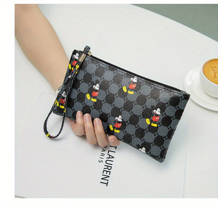 Disney Mickey Mouse Print Clutch Bag, Cartoon Genuine Leather Mobile Phone Bag, Cute Anime Wrist Wallet Coin Purse