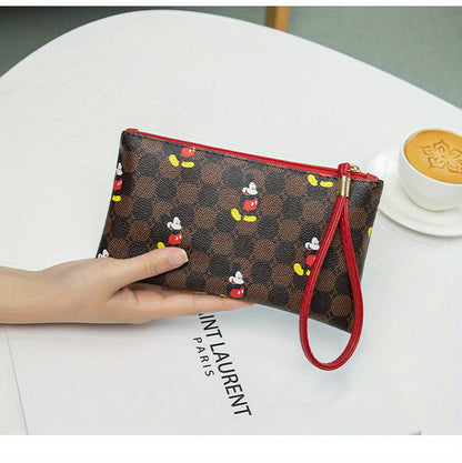Disney Mickey Mouse Print Clutch Bag, Cartoon Genuine Leather Mobile Phone Bag, Cute Anime Wrist Wallet Coin Purse
