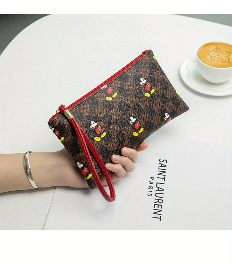 Disney Mickey Mouse Print Clutch Bag, Cartoon Genuine Leather Mobile Phone Bag, Cute Anime Wrist Wallet Coin Purse