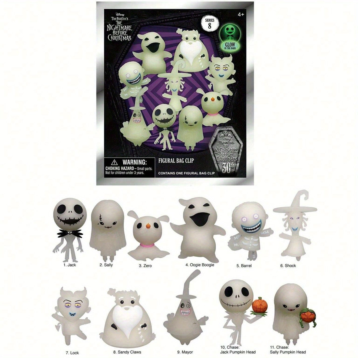 Disney The Nightmare Before Christmas Series 8 Collectible Figural Bag Clip - Glow in the Dark PVC Keychain, Blind Mystery Box - Ideal for Christmas & Halloween Decorations