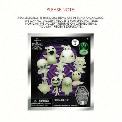 Disney The Nightmare Before Christmas Series 8 Collectible Figural Bag Clip - Glow in the Dark PVC Keychain, Blind Mystery Box - Ideal for Christmas & Halloween Decorations