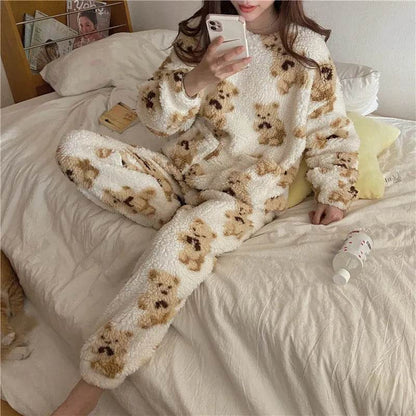 Polar Bear Fleece Winter Home Lounge wear Pajamas Set Women
