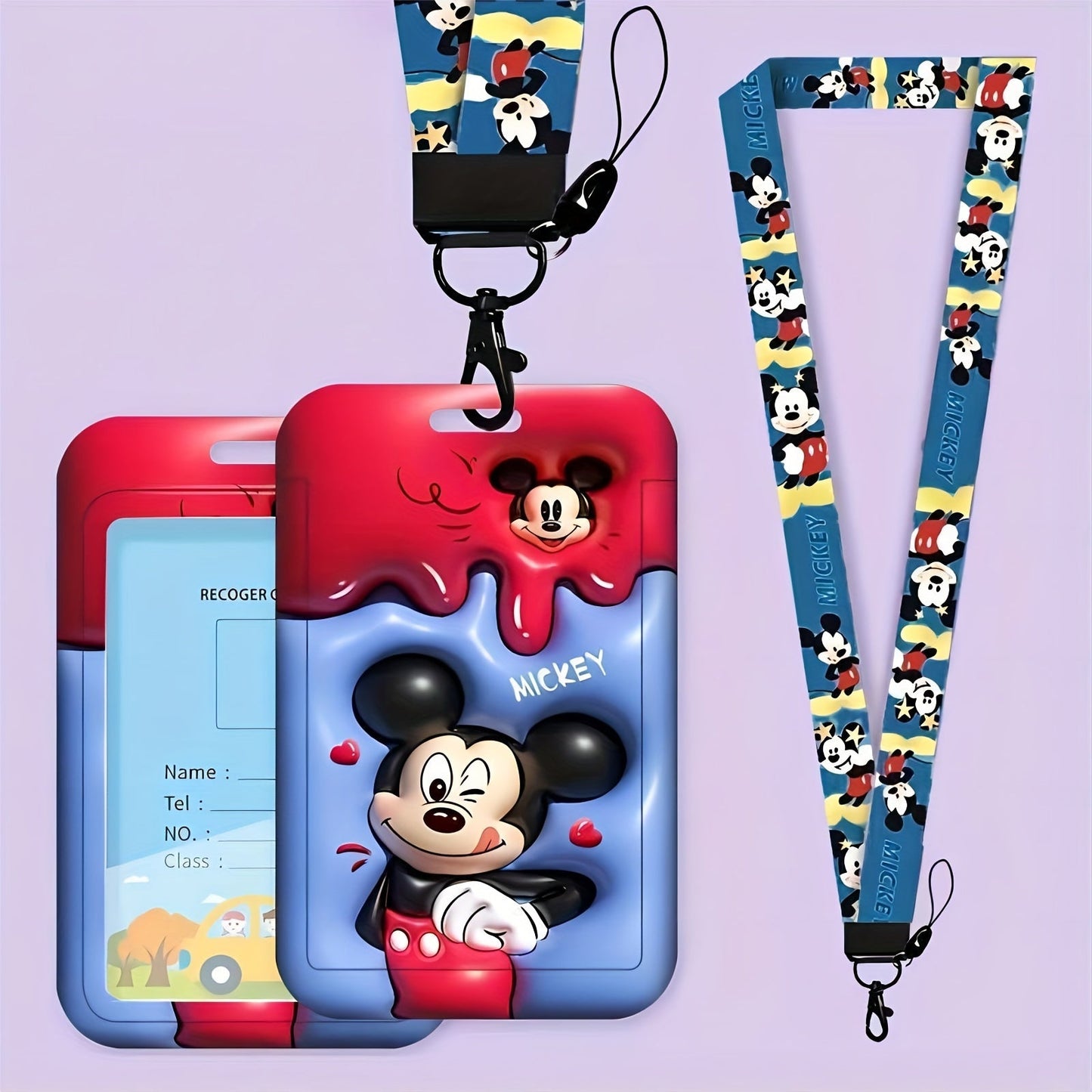 Disney Mickey Mouse 3D Lanyard ID Holder - Durable PVC, Anti-Lost Neck Bag with Protective Case - Adorable Cartoon Design for Men