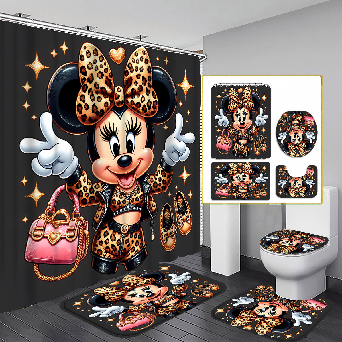 Disney Minnie Mouse Family Bathroom Set: Includes 12 Free Hooks, Shower Curtain, Rug, Toilet Seat Cover, and U-Shaped Mat - Complete Bathroom Accessories Kit for Modern Decor