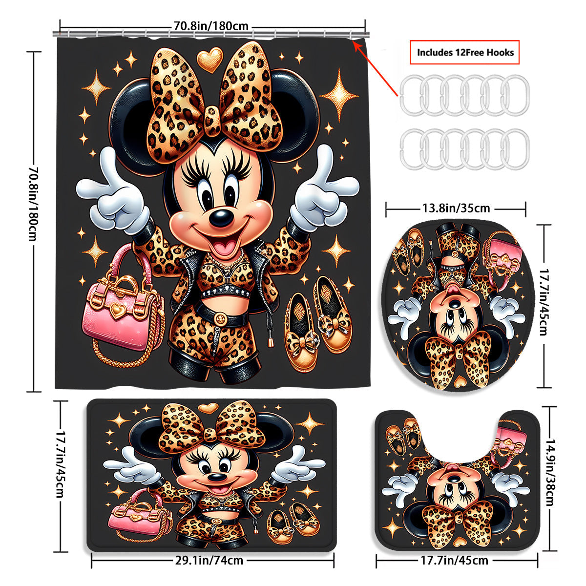 Disney Minnie Mouse Family Bathroom Set: Includes 12 Free Hooks, Shower Curtain, Rug, Toilet Seat Cover, and U-Shaped Mat - Complete Bathroom Accessories Kit for Modern Decor