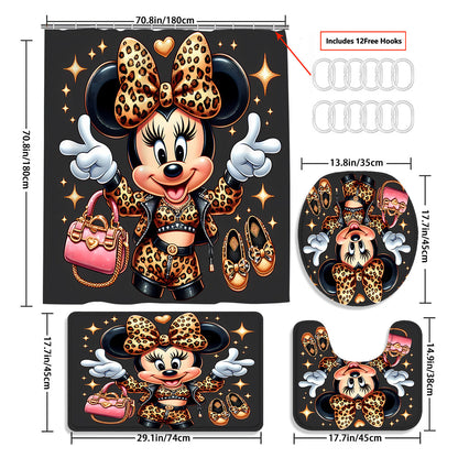 Disney Minnie Mouse Family Bathroom Set: Includes 12 Free Hooks, Shower Curtain, Rug, Toilet Seat Cover, and U-Shaped Mat - Complete Bathroom Accessories Kit for Modern Decor