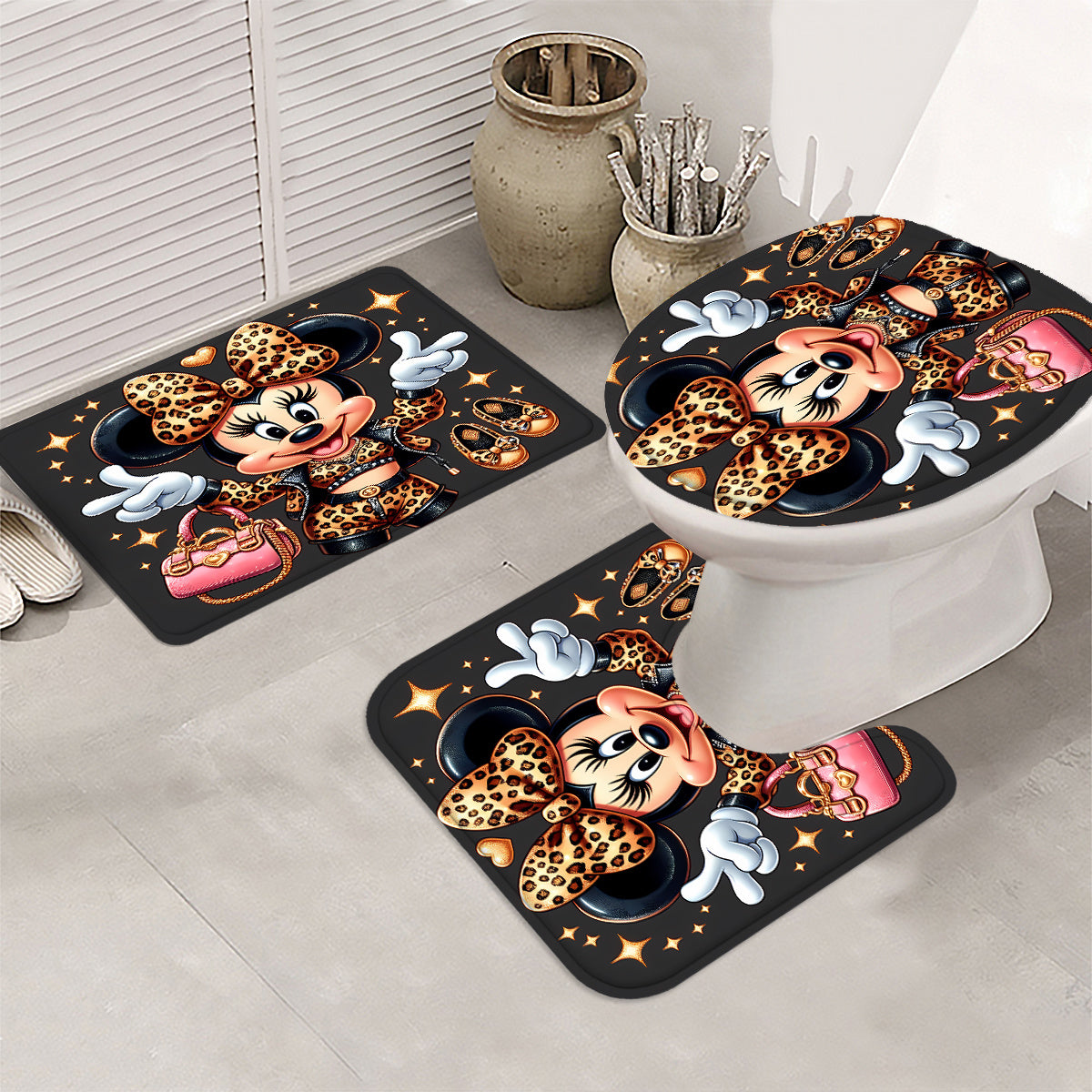 Disney Minnie Mouse Family Bathroom Set: Includes 12 Free Hooks, Shower Curtain, Rug, Toilet Seat Cover, and U-Shaped Mat - Complete Bathroom Accessories Kit for Modern Decor