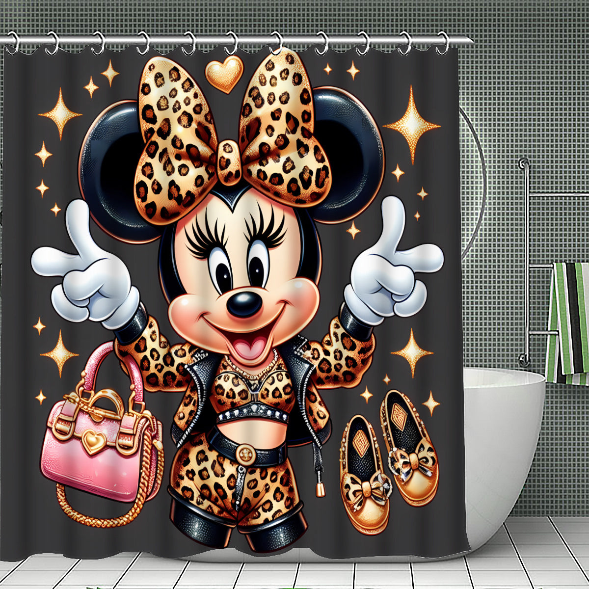 Disney Minnie Mouse Family Bathroom Set: Includes 12 Free Hooks, Shower Curtain, Rug, Toilet Seat Cover, and U-Shaped Mat - Complete Bathroom Accessories Kit for Modern Decor