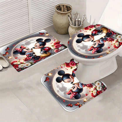 Disney Mickey Mouse Family Bathroom Set - Complete Set Includes 1/4 Pcs Shower Curtain, 12 Hooks, Non-Slip Mat, Toilet Seat Cover, And U-Shaped Cushion - Perfect for Modern Decorating