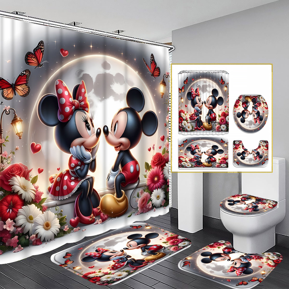 Disney Mickey Mouse Family Bathroom Set - Complete Set Includes 1/4 Pcs Shower Curtain, 12 Hooks, Non-Slip Mat, Toilet Seat Cover, And U-Shaped Cushion - Perfect for Modern Decorating