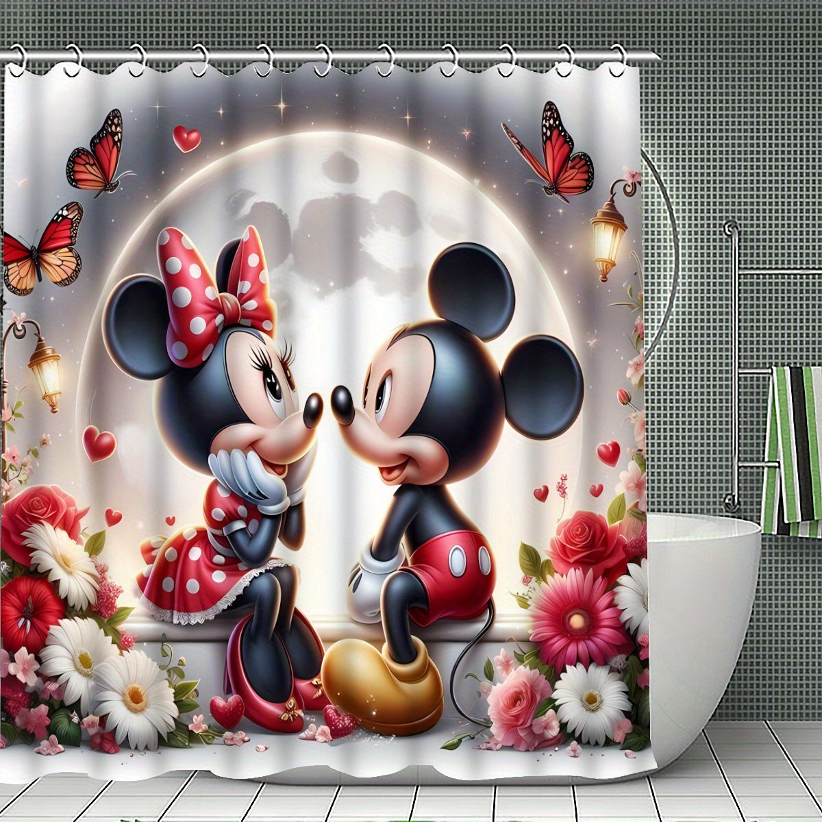 Disney Mickey Mouse Family Bathroom Set - Complete Set Includes 1/4 Pcs Shower Curtain, 12 Hooks, Non-Slip Mat, Toilet Seat Cover, And U-Shaped Cushion - Perfect for Modern Decorating