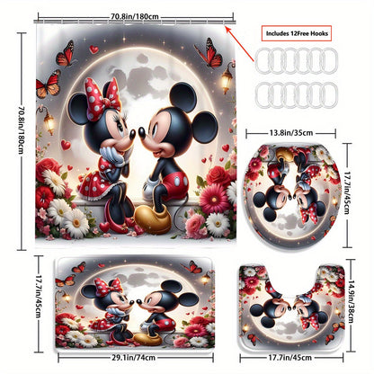 Disney Mickey Mouse Family Bathroom Set - Complete Set Includes 1/4 Pcs Shower Curtain, 12 Hooks, Non-Slip Mat, Toilet Seat Cover, And U-Shaped Cushion - Perfect for Modern Decorating