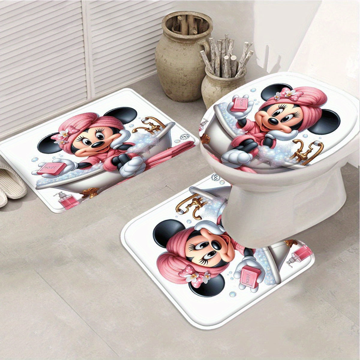 Disney Mickey and Minnie Mouse 4-Piece Shower Curtain Set with 12 Hooks - Waterproof Shower Curtain, Non-Slip Bath Mat, Toilet Seat Cover, and U-Shaped Rug - Machine Washable Bathroom Cartoon Decoration Set