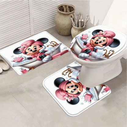 Disney Mickey and Minnie Mouse 4-Piece Shower Curtain Set with 12 Hooks - Waterproof Shower Curtain, Non-Slip Bath Mat, Toilet Seat Cover, and U-Shaped Rug - Machine Washable Bathroom Cartoon Decoration Set