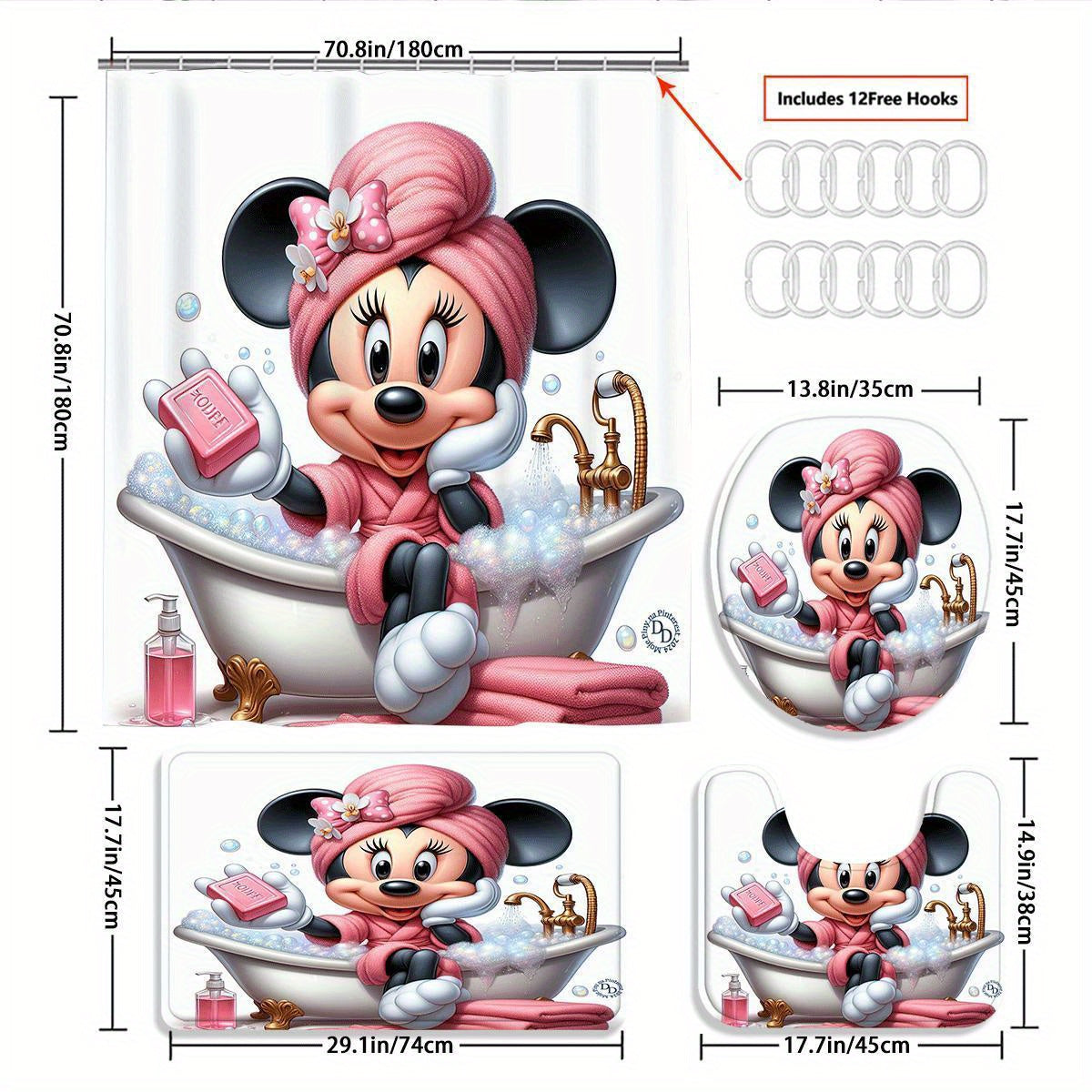 Disney Mickey and Minnie Mouse 4-Piece Shower Curtain Set with 12 Hooks - Waterproof Shower Curtain, Non-Slip Bath Mat, Toilet Seat Cover, and U-Shaped Rug - Machine Washable Bathroom Cartoon Decoration Set