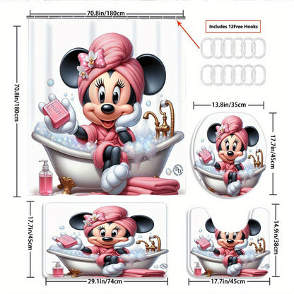 Disney Mickey and Minnie Mouse 4-Piece Shower Curtain Set with 12 Hooks - Waterproof Shower Curtain, Non-Slip Bath Mat, Toilet Seat Cover, and U-Shaped Rug - Machine Washable Bathroom Cartoon Decoration Set