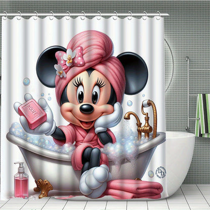 Disney Mickey and Minnie Mouse 4-Piece Shower Curtain Set with 12 Hooks - Waterproof Shower Curtain, Non-Slip Bath Mat, Toilet Seat Cover, and U-Shaped Rug - Machine Washable Bathroom Cartoon Decoration Set