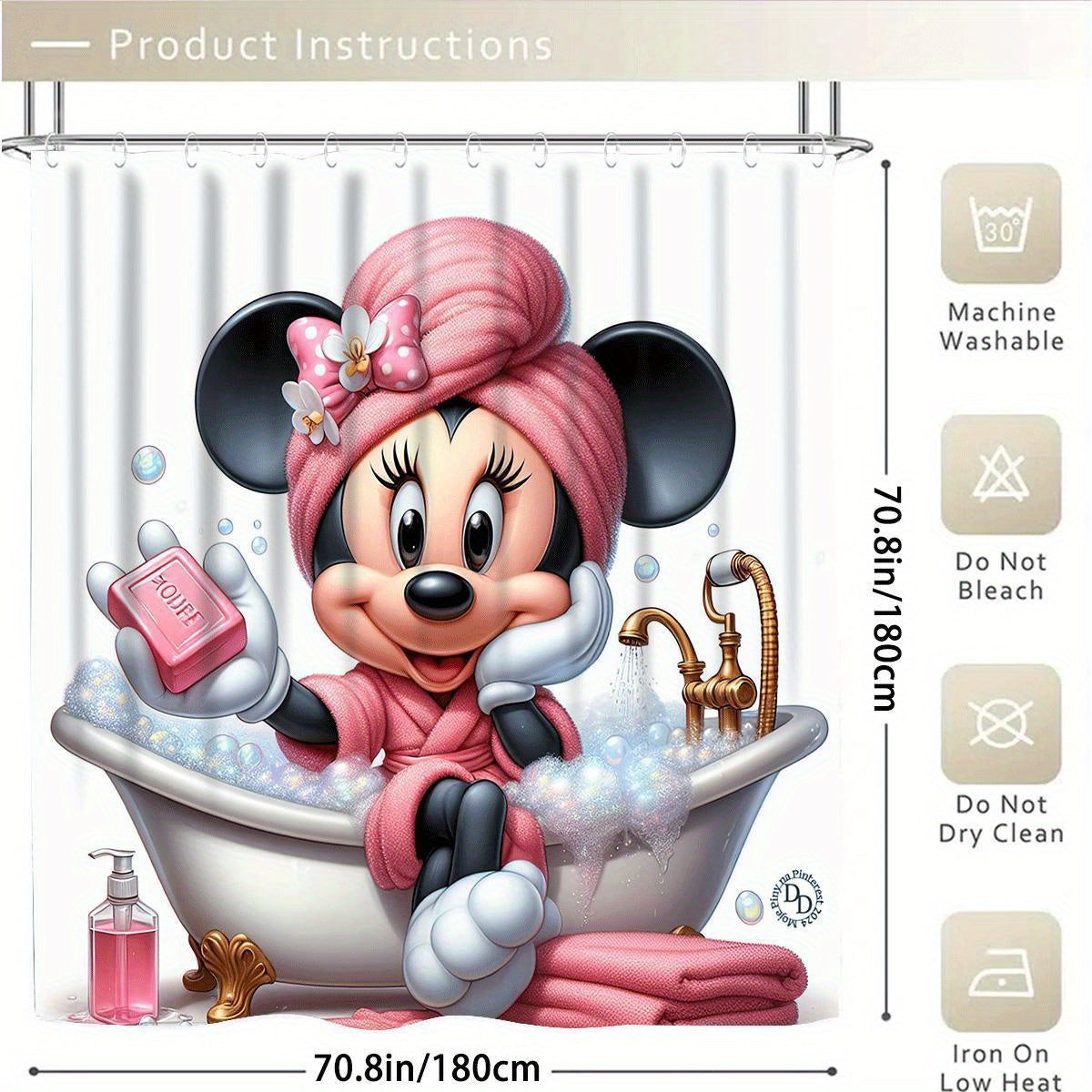 Disney Mickey and Minnie Mouse 4-Piece Shower Curtain Set with 12 Hooks - Waterproof Shower Curtain, Non-Slip Bath Mat, Toilet Seat Cover, and U-Shaped Rug - Machine Washable Bathroom Cartoon Decoration Set
