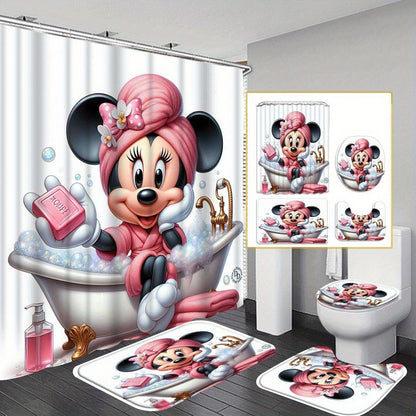 Disney Mickey and Minnie Mouse 4-Piece Shower Curtain Set with 12 Hooks - Waterproof Shower Curtain, Non-Slip Bath Mat, Toilet Seat Cover, and U-Shaped Rug - Machine Washable Bathroom Cartoon Decoration Set
