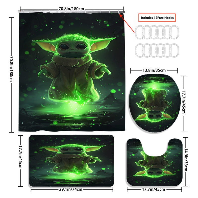 4Pcs/1set Disney Star Wars Baby Yoda The Mandalorian Shower Curtain Set - 12 Hook Waterproof Shower Curtain With Anti-Slip Rug Toilet Seat Cover Mat And U-Shaped Mat - Complete Bathroom Accessories Kit For Modern Decor