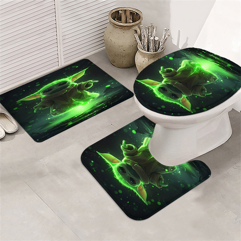 4Pcs/1set Disney Star Wars Baby Yoda The Mandalorian Shower Curtain Set - 12 Hook Waterproof Shower Curtain With Anti-Slip Rug Toilet Seat Cover Mat And U-Shaped Mat - Complete Bathroom Accessories Kit For Modern Decor