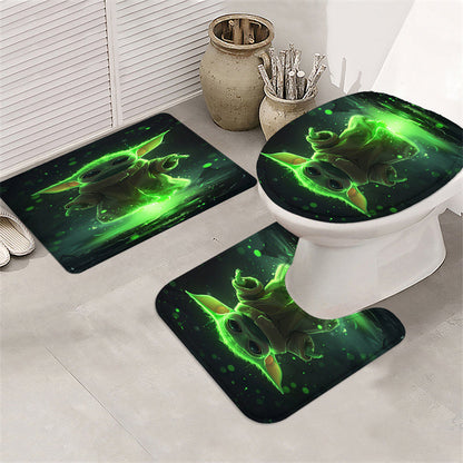 4Pcs/1set Disney Star Wars Baby Yoda The Mandalorian Shower Curtain Set - 12 Hook Waterproof Shower Curtain With Anti-Slip Rug Toilet Seat Cover Mat And U-Shaped Mat - Complete Bathroom Accessories Kit For Modern Decor