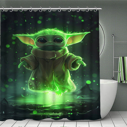 4Pcs/1set Disney Star Wars Baby Yoda The Mandalorian Shower Curtain Set - 12 Hook Waterproof Shower Curtain With Anti-Slip Rug Toilet Seat Cover Mat And U-Shaped Mat - Complete Bathroom Accessories Kit For Modern Decor