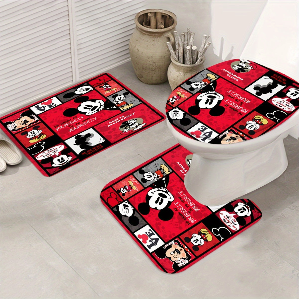 4pcs Disney Mickey Mouse Deluxe Shower Curtain Set - Waterproof, Machine Washable, Non-Slip Bathroom Accessories with 12 Hooks, U-Shaped Toilet Rug, and Toilet Lid Cover for a Fun and Safe Bathing Experience