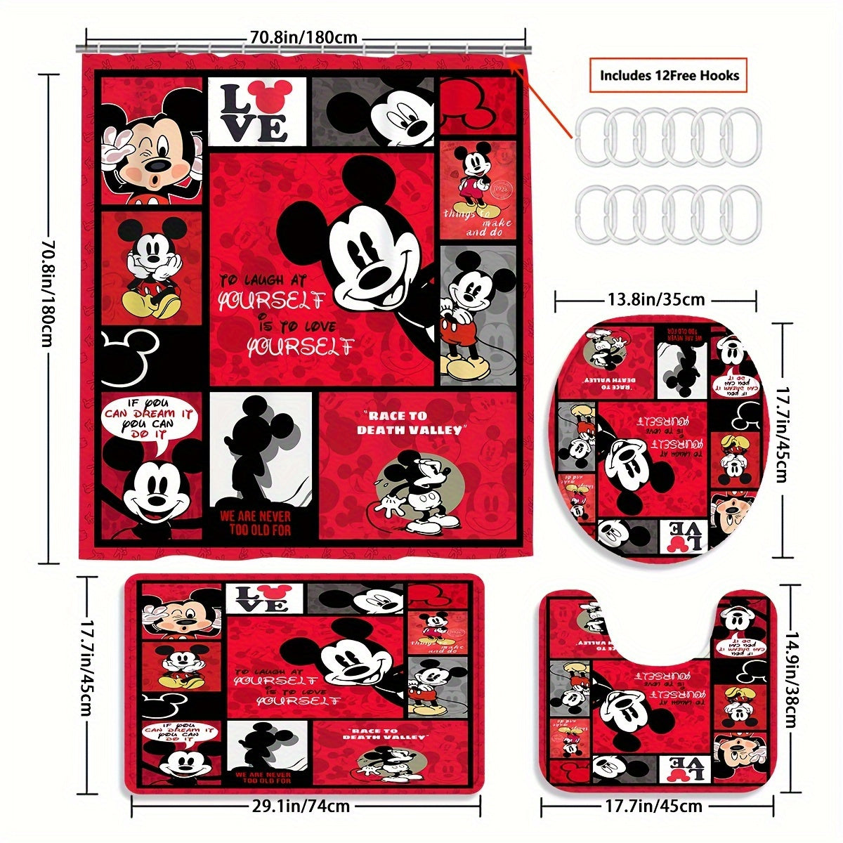 4pcs Disney Mickey Mouse Deluxe Shower Curtain Set - Waterproof, Machine Washable, Non-Slip Bathroom Accessories with 12 Hooks, U-Shaped Toilet Rug, and Toilet Lid Cover for a Fun and Safe Bathing Experience