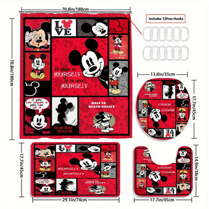 4pcs Disney Mickey Mouse Deluxe Shower Curtain Set - Waterproof, Machine Washable, Non-Slip Bathroom Accessories with 12 Hooks, U-Shaped Toilet Rug, and Toilet Lid Cover for a Fun and Safe Bathing Experience
