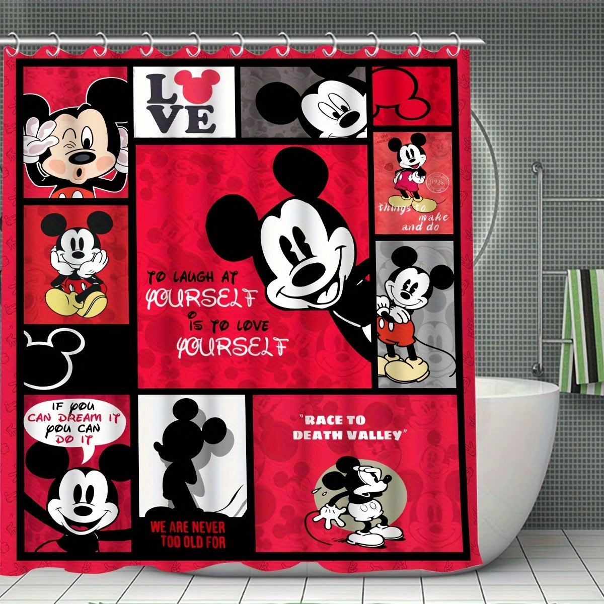 4pcs Disney Mickey Mouse Deluxe Shower Curtain Set - Waterproof, Machine Washable, Non-Slip Bathroom Accessories with 12 Hooks, U-Shaped Toilet Rug, and Toilet Lid Cover for a Fun and Safe Bathing Experience