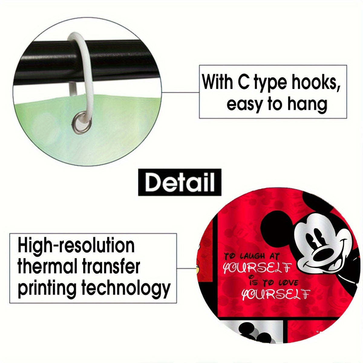 4pcs Disney Mickey Mouse Deluxe Shower Curtain Set - Waterproof, Machine Washable, Non-Slip Bathroom Accessories with 12 Hooks, U-Shaped Toilet Rug, and Toilet Lid Cover for a Fun and Safe Bathing Experience