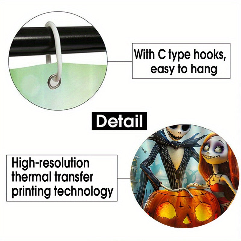 4pcs Disney Halloween Skull Jack Bathroom Set - Waterproof Shower Curtain with 12 Hooks, Non-Slip Rug, Toilet Lid Cover, U-Shaped Mat, and Complete Modern Decor Kit for Spooky Themed Bathroom Makeover