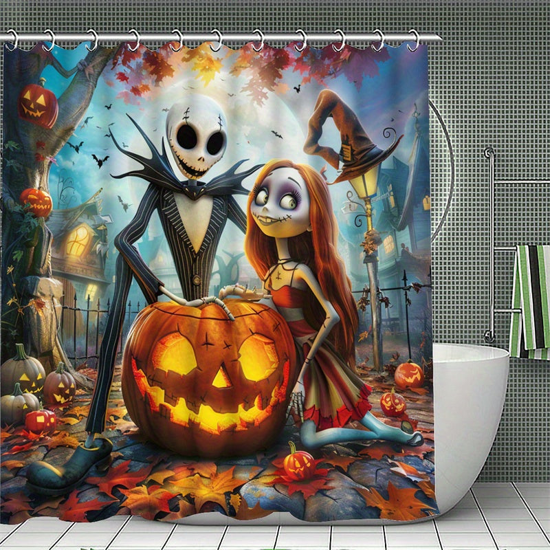 4pcs Disney Halloween Skull Jack Bathroom Set - Waterproof Shower Curtain with 12 Hooks, Non-Slip Rug, Toilet Lid Cover, U-Shaped Mat, and Complete Modern Decor Kit for Spooky Themed Bathroom Makeover