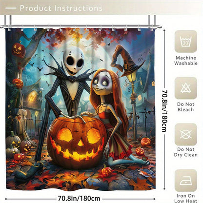 4pcs Disney Halloween Skull Jack Bathroom Set - Waterproof Shower Curtain with 12 Hooks, Non-Slip Rug, Toilet Lid Cover, U-Shaped Mat, and Complete Modern Decor Kit for Spooky Themed Bathroom Makeover