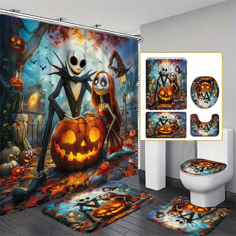 4pcs Disney Halloween Skull Jack Bathroom Set - Waterproof Shower Curtain with 12 Hooks, Non-Slip Rug, Toilet Lid Cover, U-Shaped Mat, and Complete Modern Decor Kit for Spooky Themed Bathroom Makeover