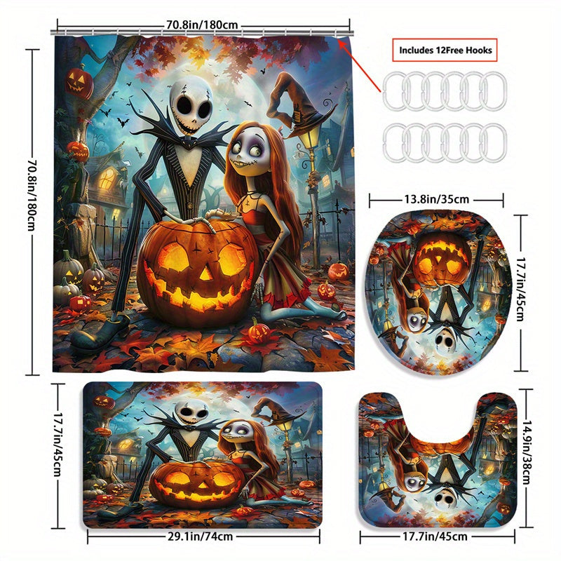 4pcs Disney Halloween Skull Jack Bathroom Set - Waterproof Shower Curtain with 12 Hooks, Non-Slip Rug, Toilet Lid Cover, U-Shaped Mat, and Complete Modern Decor Kit for Spooky Themed Bathroom Makeover
