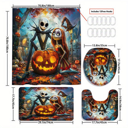 4pcs Disney Halloween Skull Jack Bathroom Set - Waterproof Shower Curtain with 12 Hooks, Non-Slip Rug, Toilet Lid Cover, U-Shaped Mat, and Complete Modern Decor Kit for Spooky Themed Bathroom Makeover