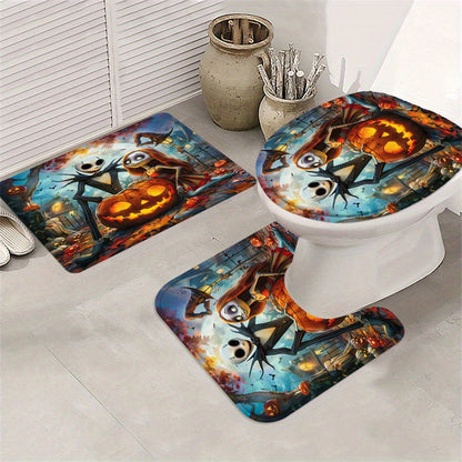4pcs Disney Halloween Skull Jack Bathroom Set - Waterproof Shower Curtain with 12 Hooks, Non-Slip Rug, Toilet Lid Cover, U-Shaped Mat, and Complete Modern Decor Kit for Spooky Themed Bathroom Makeover