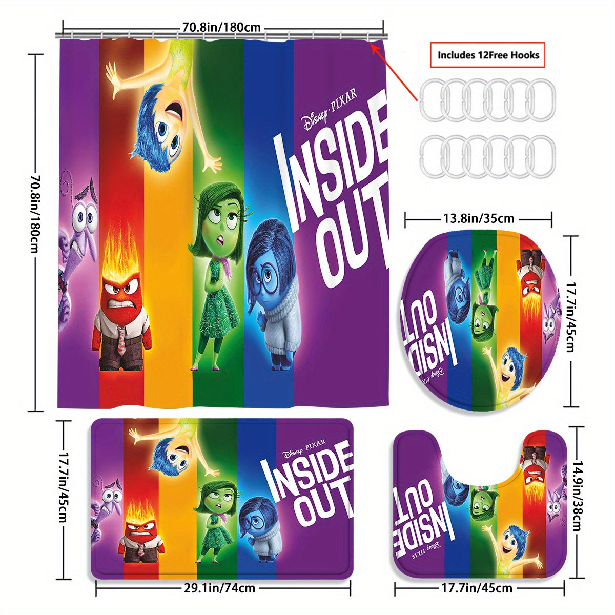 4pcs/1set Disney Brainstorming Team Shower Curtain Set -4-piece Set With 12 Hooks, Waterproof And Non Slip Bath Mat, Toilet Lid, And U-shaped Carpet - Fashionable Bathroom Decoration Set