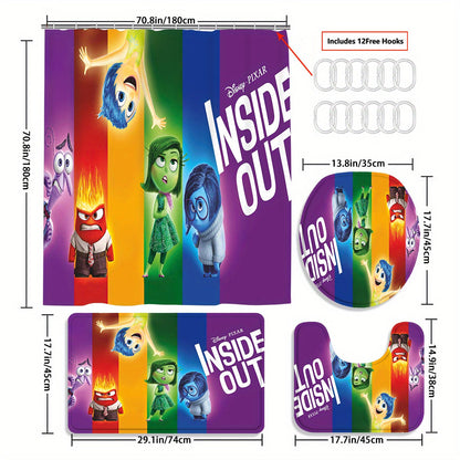 4pcs/1set Disney Brainstorming Team Shower Curtain Set -4-piece Set With 12 Hooks, Waterproof And Non Slip Bath Mat, Toilet Lid, And U-shaped Carpet - Fashionable Bathroom Decoration Set