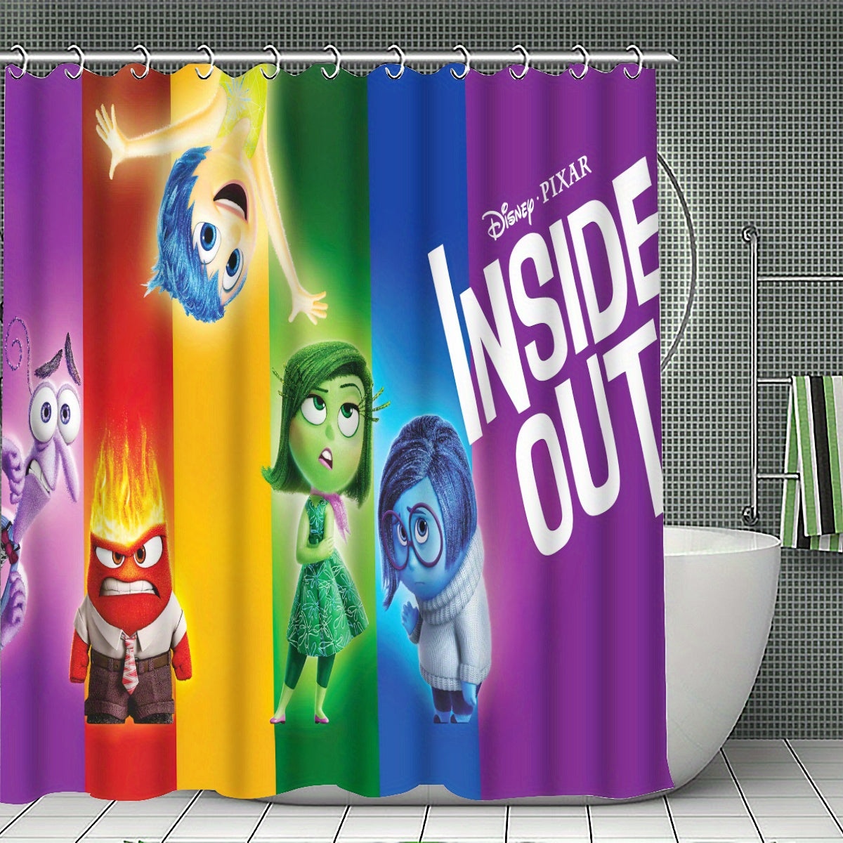 4pcs/1set Disney Brainstorming Team Shower Curtain Set -4-piece Set With 12 Hooks, Waterproof And Non Slip Bath Mat, Toilet Lid, And U-shaped Carpet - Fashionable Bathroom Decoration Set