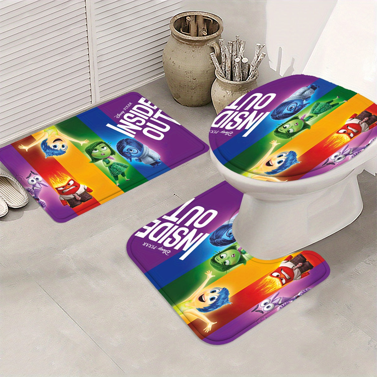 4pcs/1set Disney Brainstorming Team Shower Curtain Set -4-piece Set With 12 Hooks, Waterproof And Non Slip Bath Mat, Toilet Lid, And U-shaped Carpet - Fashionable Bathroom Decoration Set