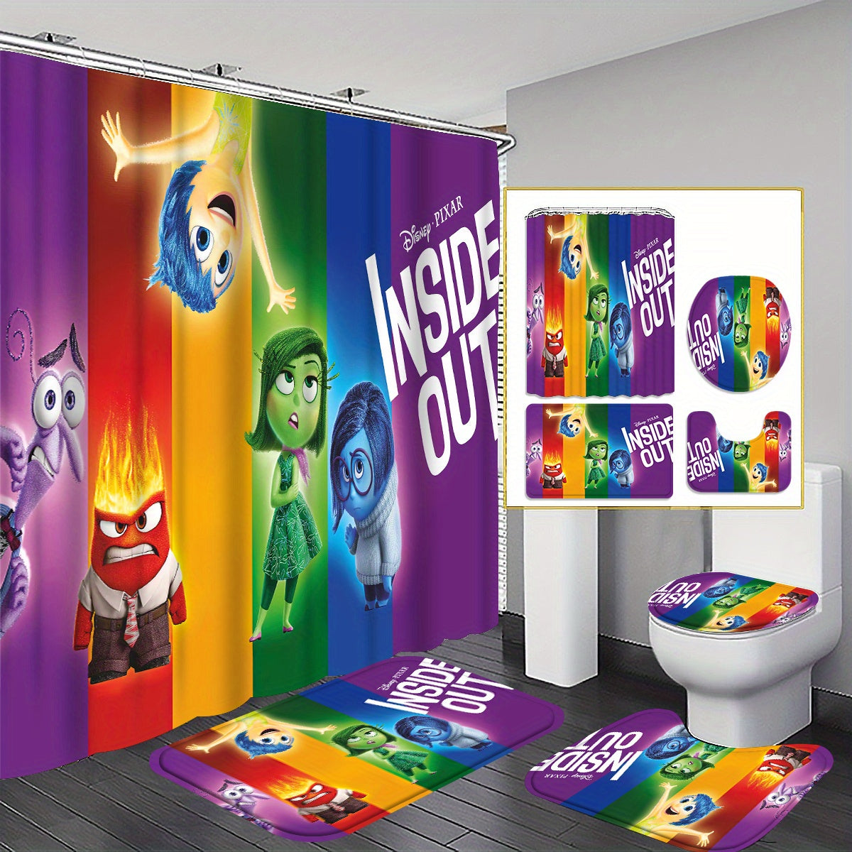4pcs/1set Disney Brainstorming Team Shower Curtain Set -4-piece Set With 12 Hooks, Waterproof And Non Slip Bath Mat, Toilet Lid, And U-shaped Carpet - Fashionable Bathroom Decoration Set