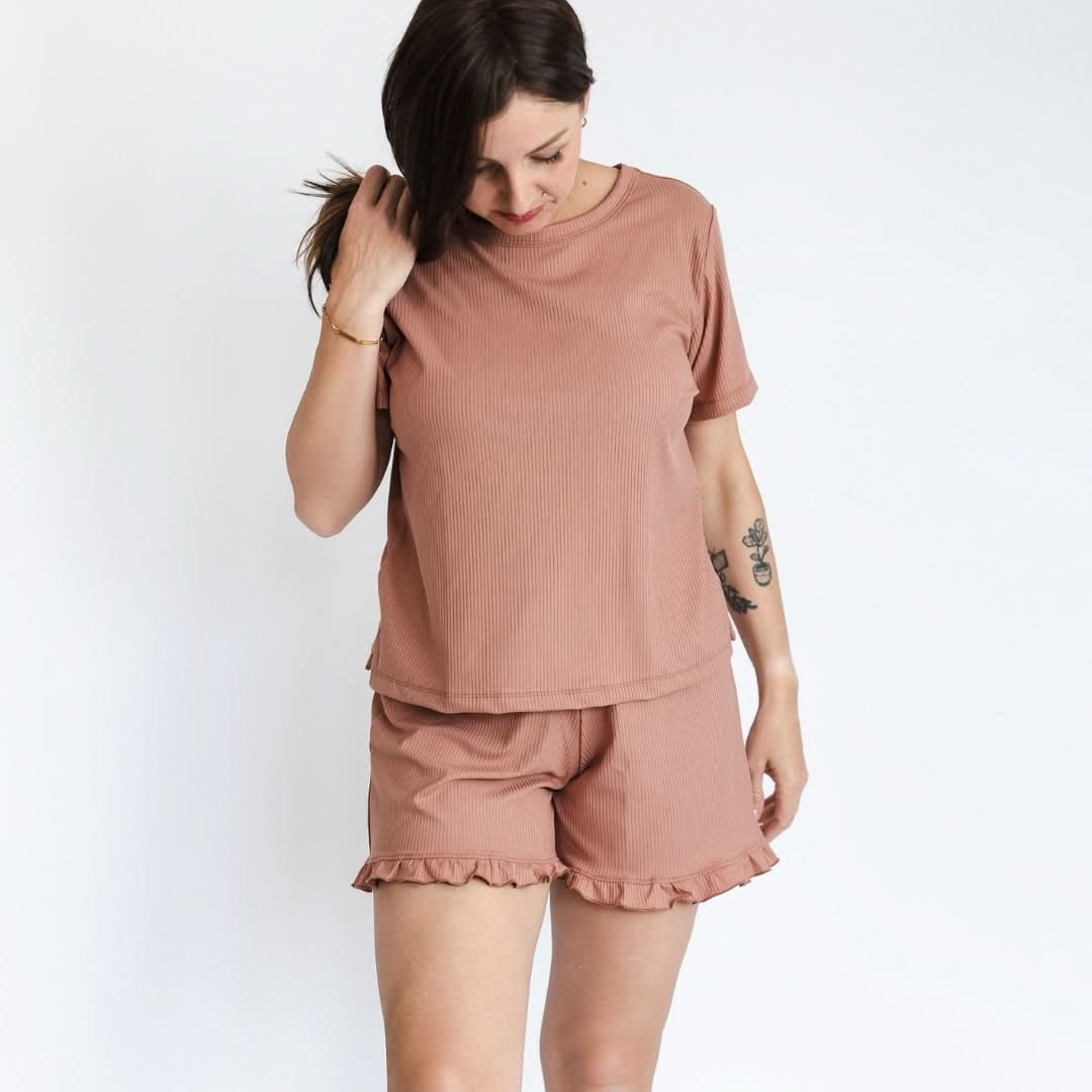 Ladies' Bamboo 2-Piece Short Sleeve Lounge Set | Olive Rib