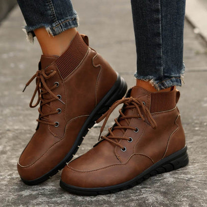 Round Toe Lace-up Ankle Boots Fall Winter Fashion Versatile Non-slip Flat Shoes Retro Western Cowboy Ankle Boot For Women