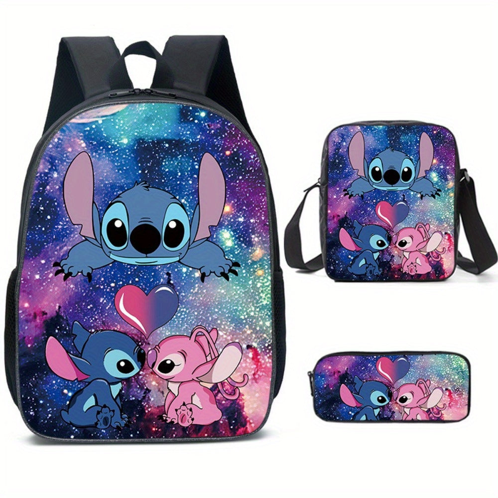 Ensemble de 3 sacs à dos Disney Stitch - Tissu Oxford durable, sac à bandoulière tendance et trousse pour l'école/l'université - Adorable et résistant