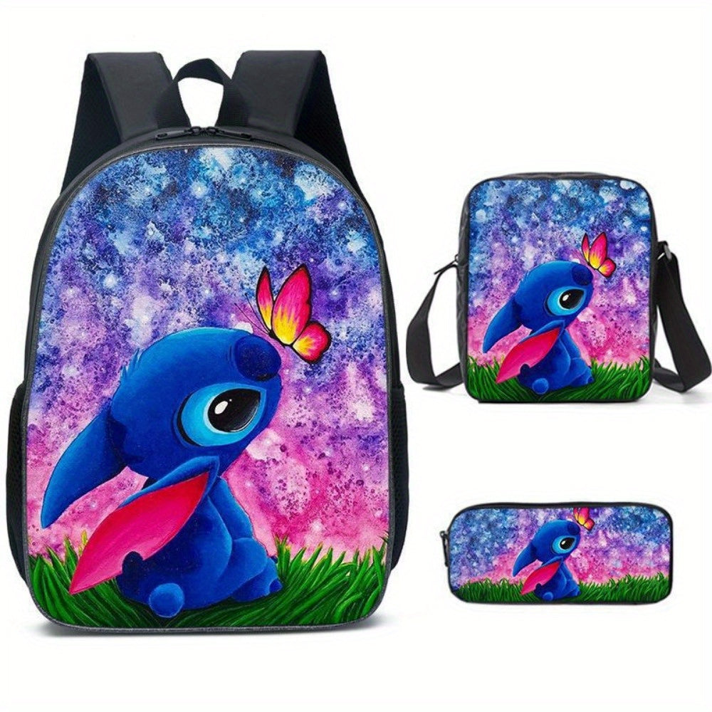 Ensemble de 3 sacs à dos Disney Stitch - Tissu Oxford durable, sac à bandoulière tendance et trousse pour l'école/l'université - Adorable et résistant
