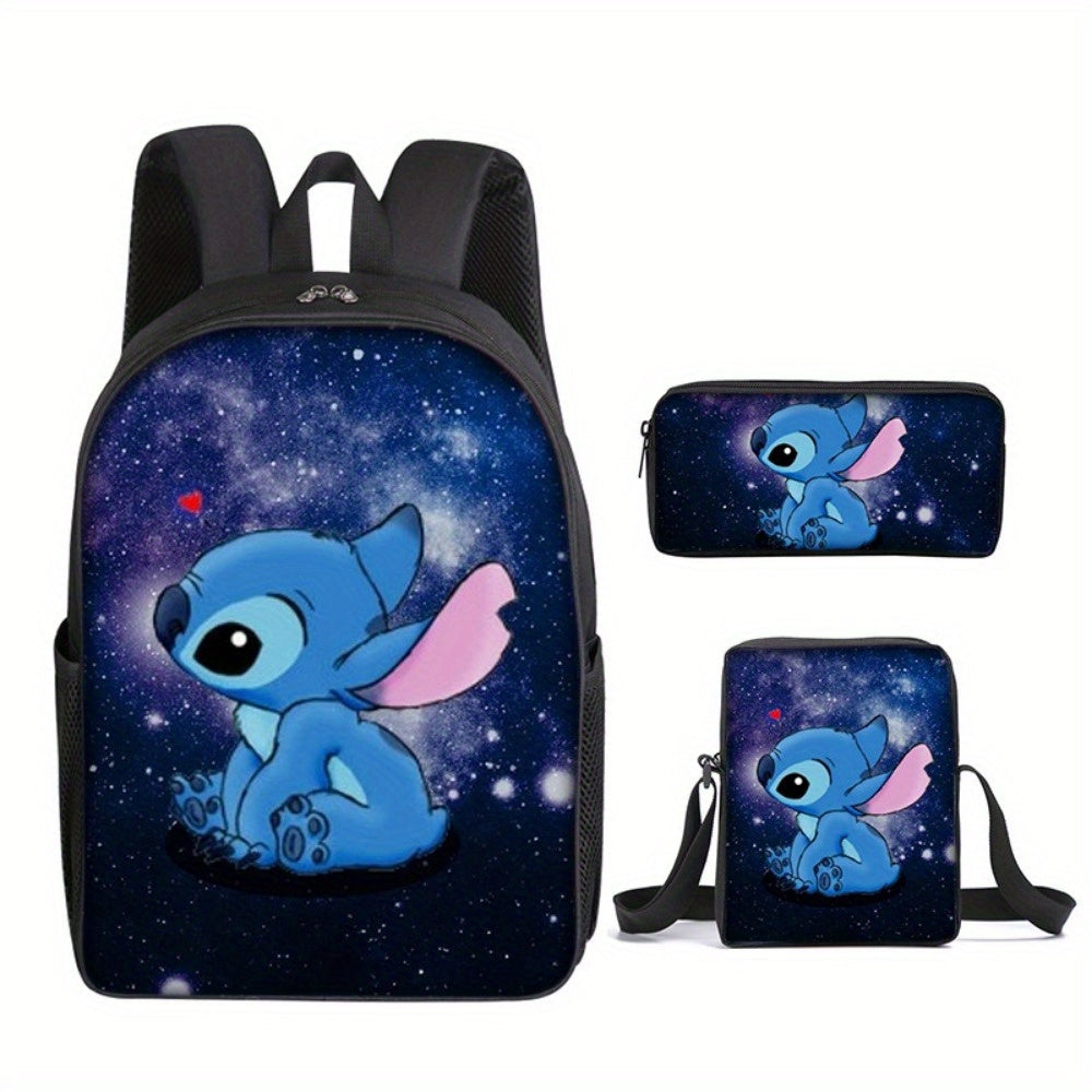 Ensemble de 3 sacs à dos Disney Stitch - Tissu Oxford durable, sac à bandoulière tendance et trousse pour l'école/l'université - Adorable et résistant
